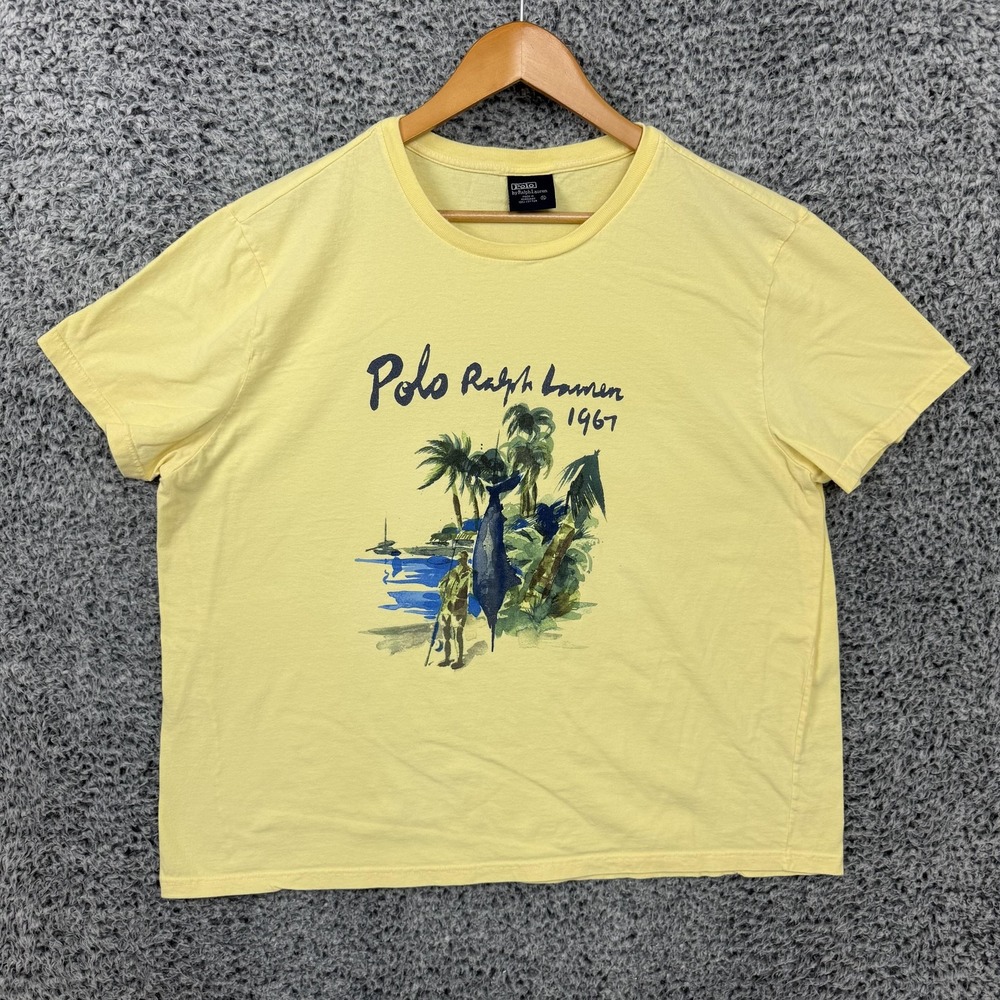 Vintage Polo Ralph Lauren Shirt Mens XL Yellow Palm Tree Marlin Graphic Tee 1967
